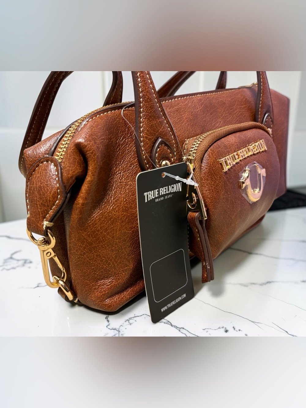 NWT True Religion Brown Shoulder Handbag with Gold Hardware and Logo Lining - Picture 8 of 8